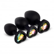 rainbow gem black silicone heart shaped butt plug set